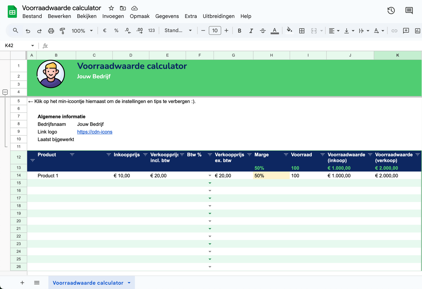 Voorraadwaarde calculator | Google Sheets Template