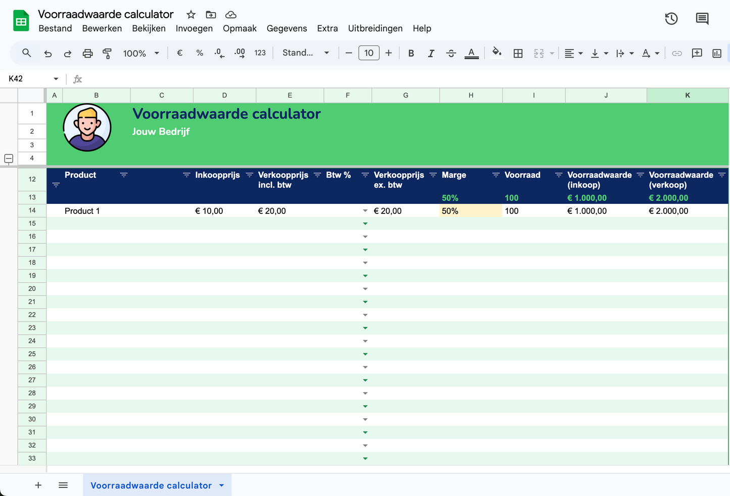 Voorraadwaarde calculator | Google Sheets Template