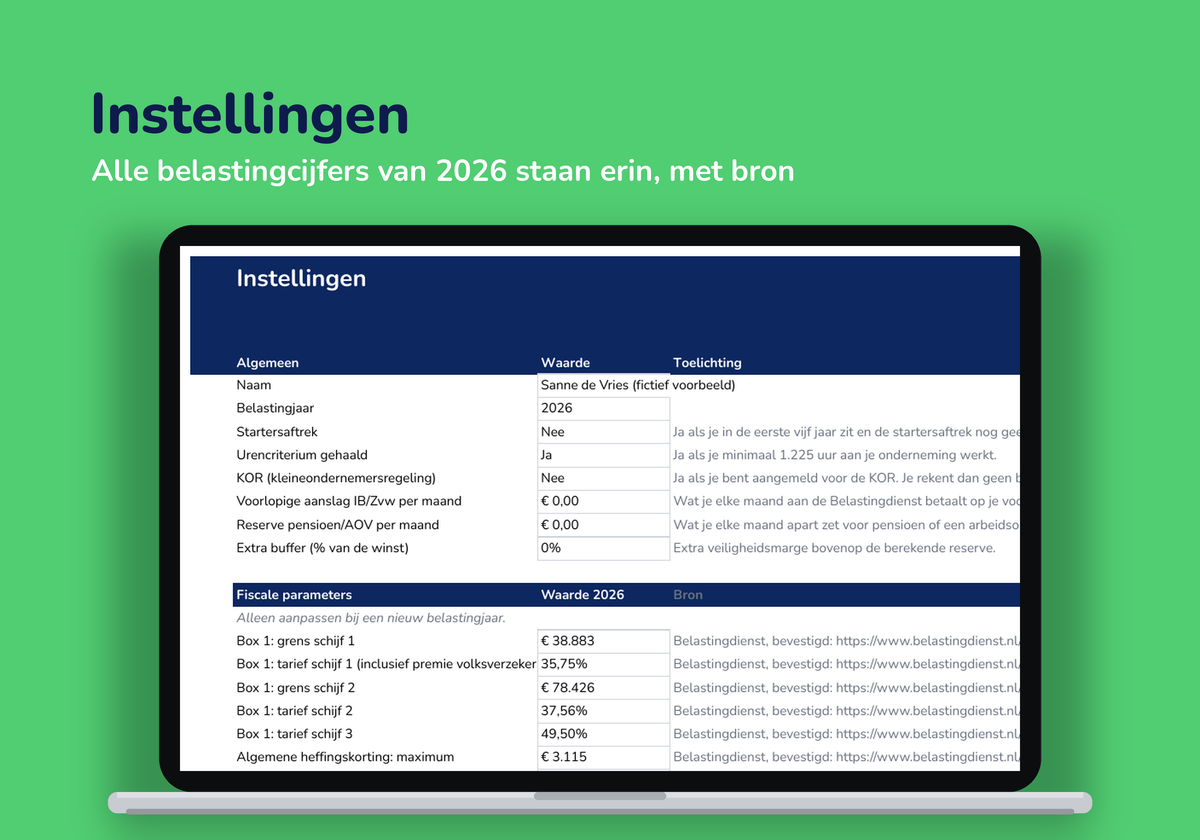 Tabblad Instellingen met alle belastingcijfers van 2026 en de bron