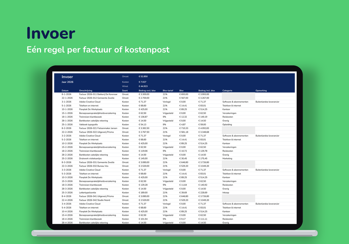 Tabblad Invoer: één regel per factuur of kostenpost